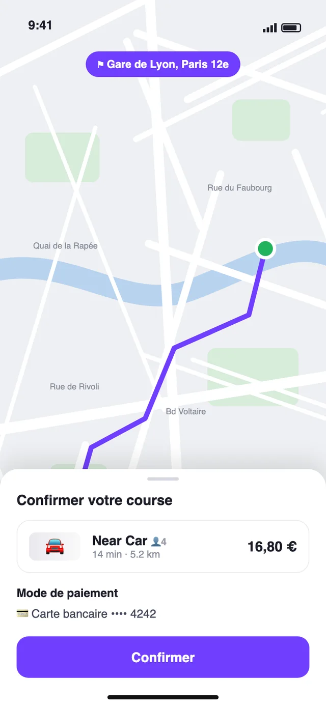 Écran de confirmation de course dans l’app NearCar